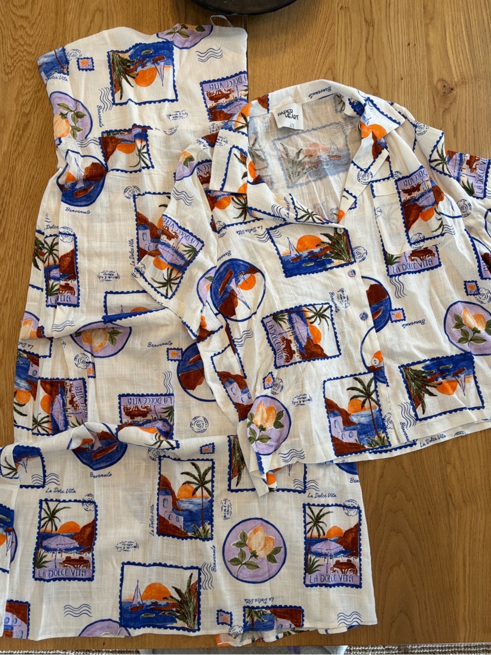 Tropical Postcard Print Button-Up Set in White, Orange & Blue